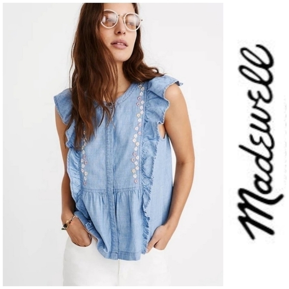 🛑 2 / $40 Sale! MADEWELL Floral Embroidered Denim Ruffle Top NWT - Picture 1 of 12